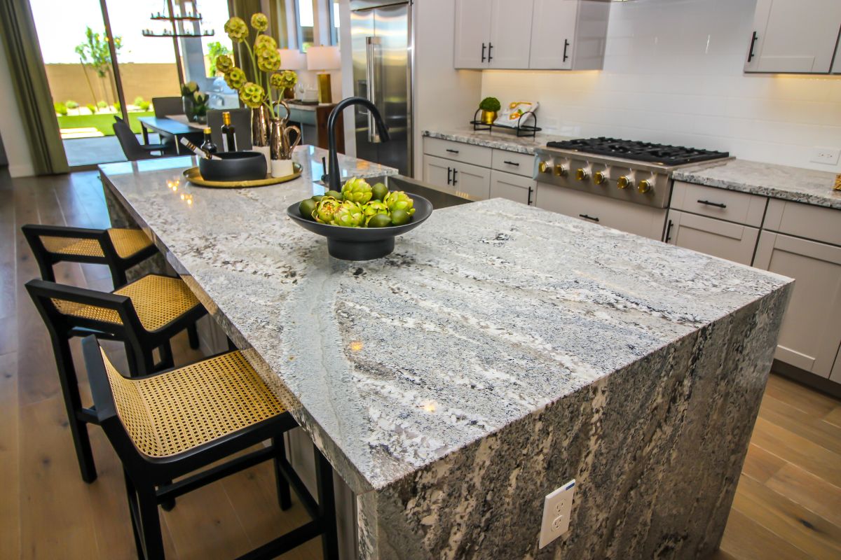 kitchen island counter top with decorator items
